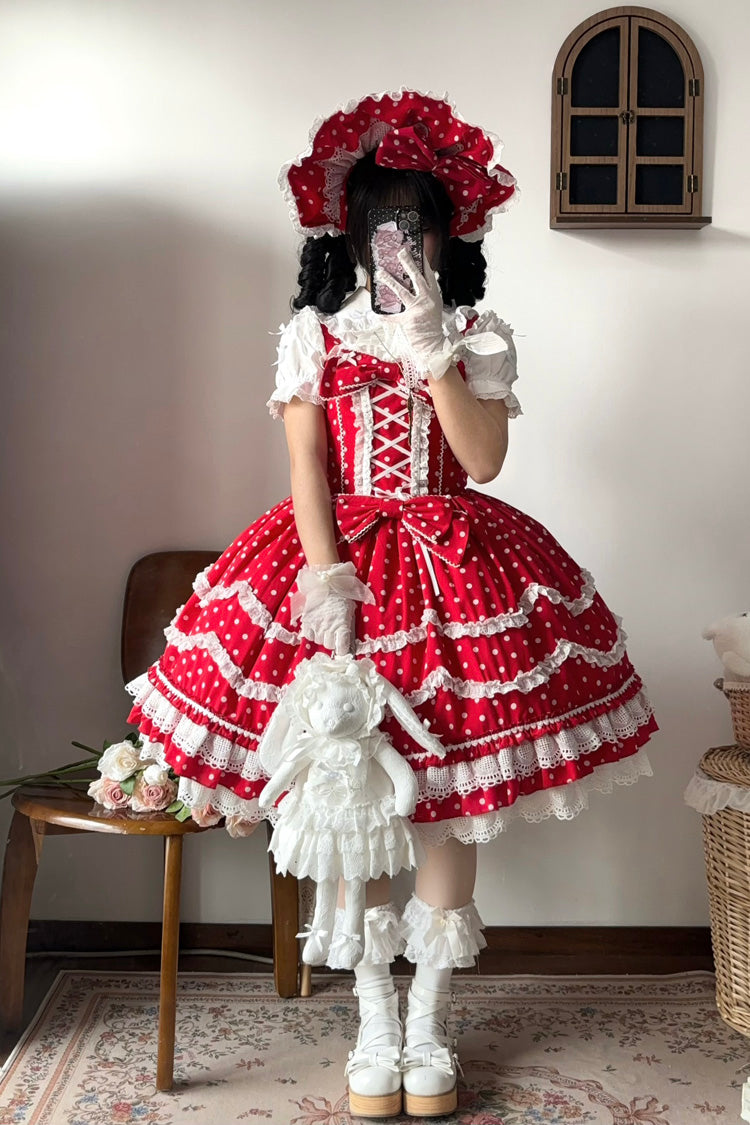 Red Polka Dots Print Ruffle Bowknot Lace-Up Sweet Lolita Dress