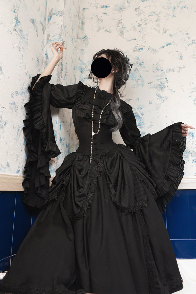 Black Sleepwalking Long Hime Sleeves Stitching Lace Plus Size Gothic Elegant Lolita Skirt Set