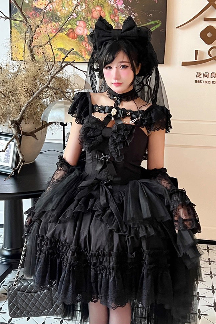 Black Jewelry Love Story Halterneck Ruffle Hanayome Bowknot Lace Gothic Lolita Dress