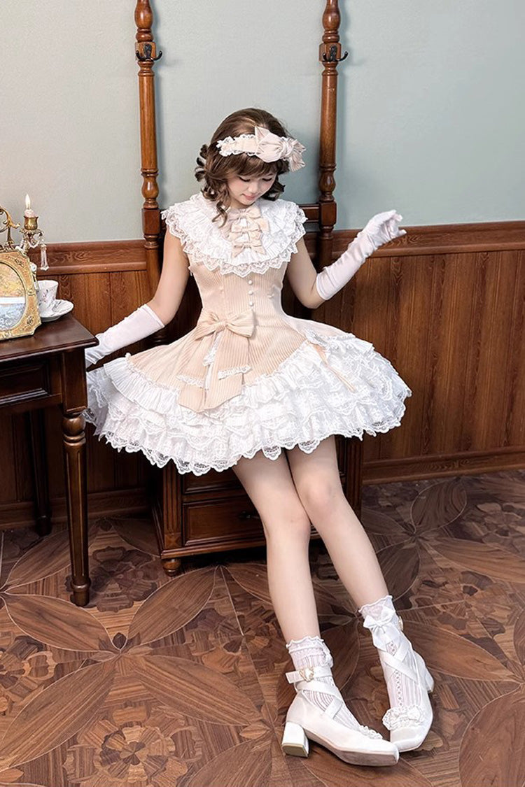 Champagne Miss Tsundere Sleeveless Multi-Layered Ruffle Bowknot Lace Asymmetric Sweet Princess Lolita Dress
