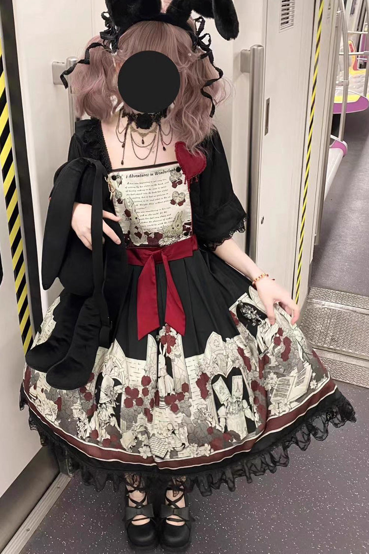 Black Alice of the Asylum Print Bowknot Lace Gothic Lolita Dress 2 Versions