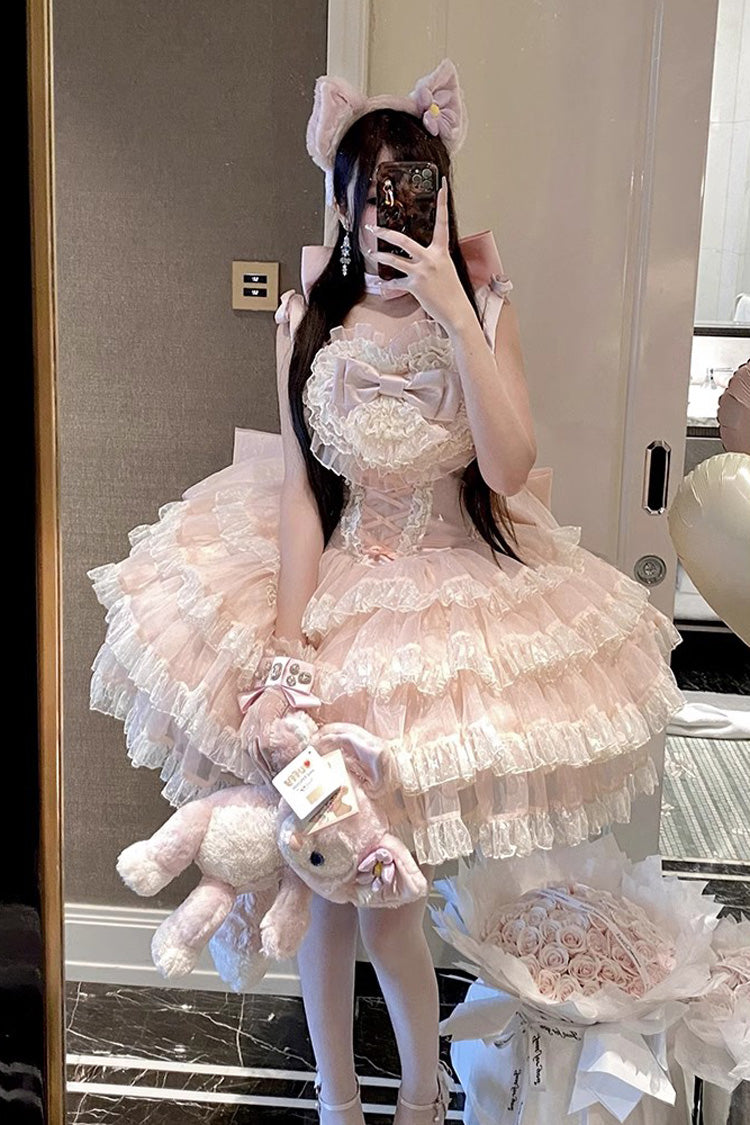 Pink Multi-Layered Ruffle Bowknot Lace Sweet Princess Lolita Jsk Dress