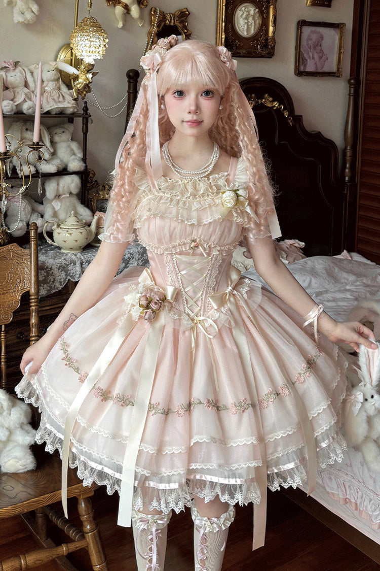 Mist Champagne Multi-Layered Ruffle Bowknot Lace Sweet Elegant Ballet Lolita Jsk Dress 3 Colors