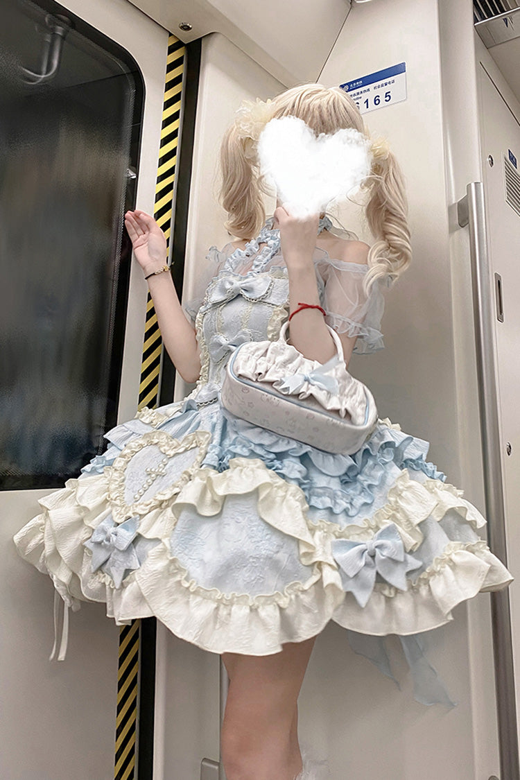 Blue Heart of Butterfly Halterneck Sleeveless Multi-Layered Ruffle Embroidery Princess Ballet Lolita Jsk Dress Set