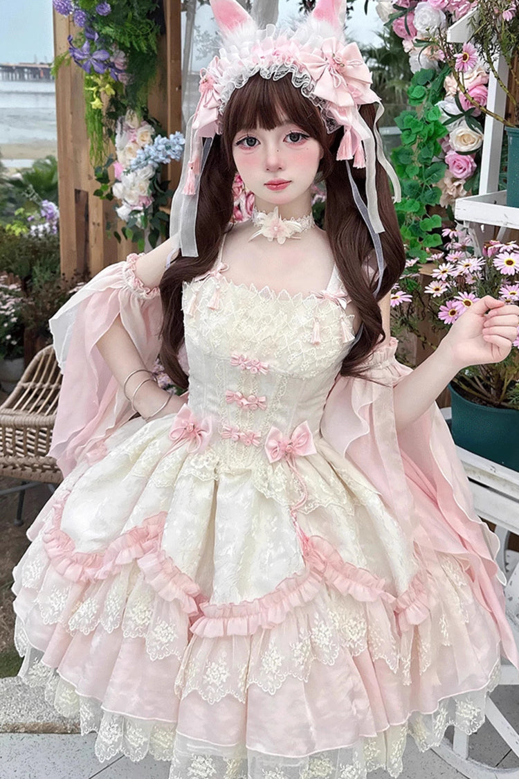Pink Lyrics in the Midst of Flowers Ruffle Embroidery Bowknot Chinese Style Elegant Sweet Lolita Jsk Dress