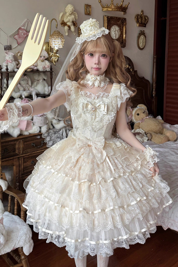 Apricot Ballad of Feathers Sleeveless Multi-Layered Ruffle Hanayome Bowknot Sweet Lolita Jsk Dress