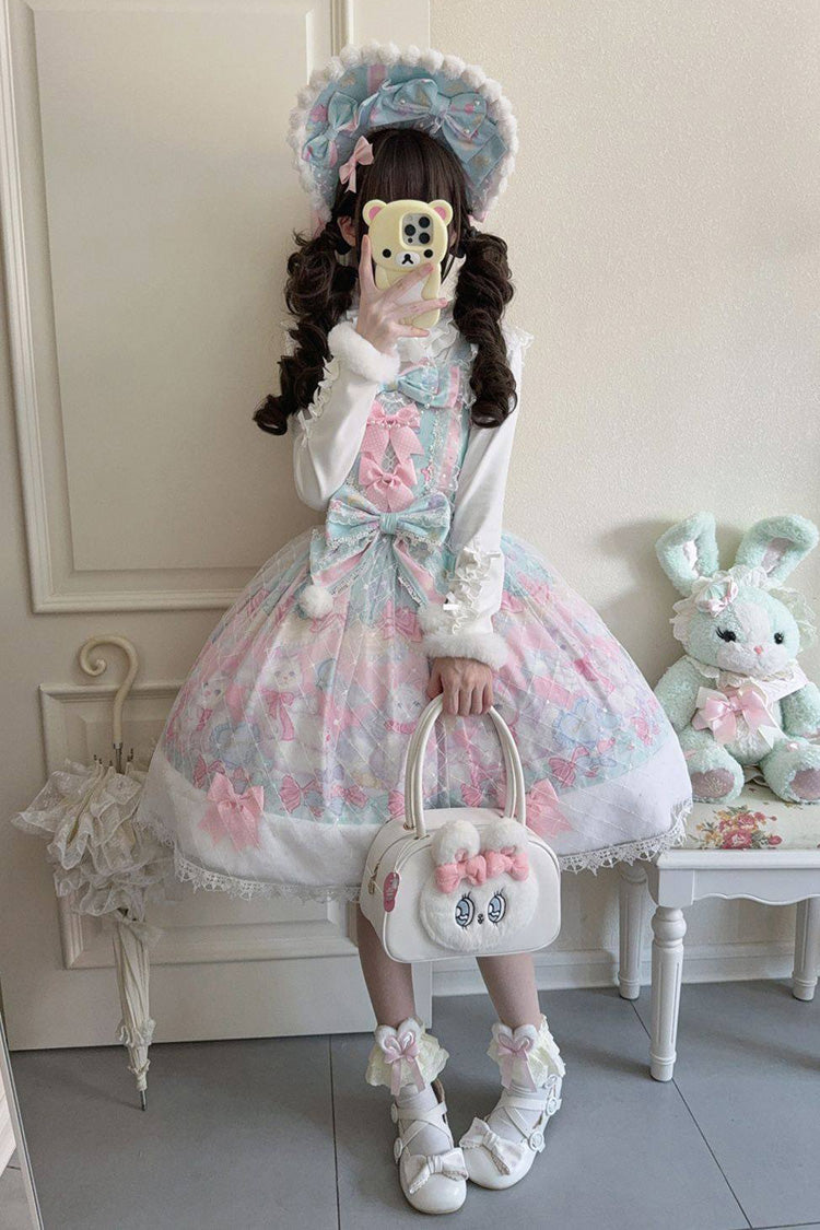 Green/Pink Candy Mary Cat Printed Ruffled Embroidered Bow Lace Sweet Lolita Jsk Dress