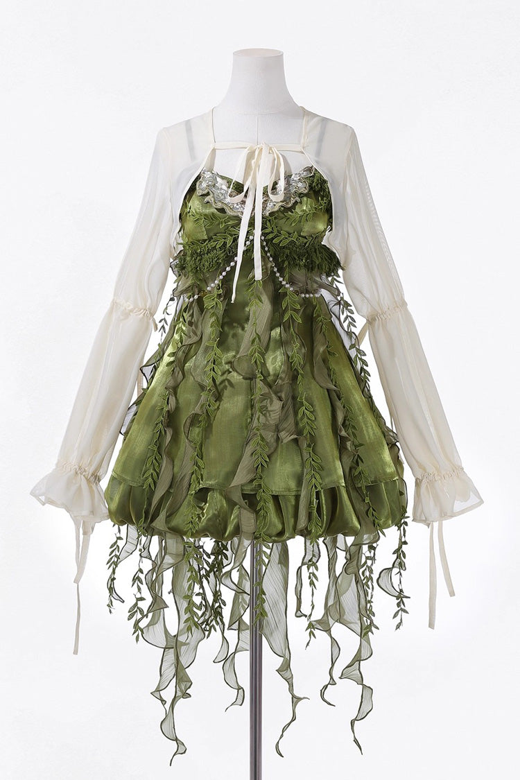 Green Children of the Forest Leaf Decoration Ruffle Irregular Sweet Lolita Jsk Dress Set