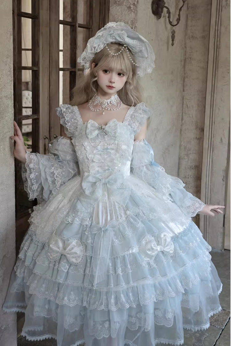 Blue Prelude of Spring Sleeveless Multi-Layered Ruffled Bow Lace Sweet Princess Lolita Jsk Dress
