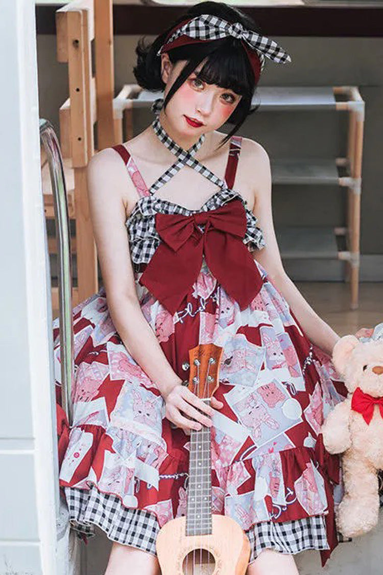 Detachable Shoulder Strap & Bowknot Print Stitching Ruffled Sweet Lolita Jsk Dress