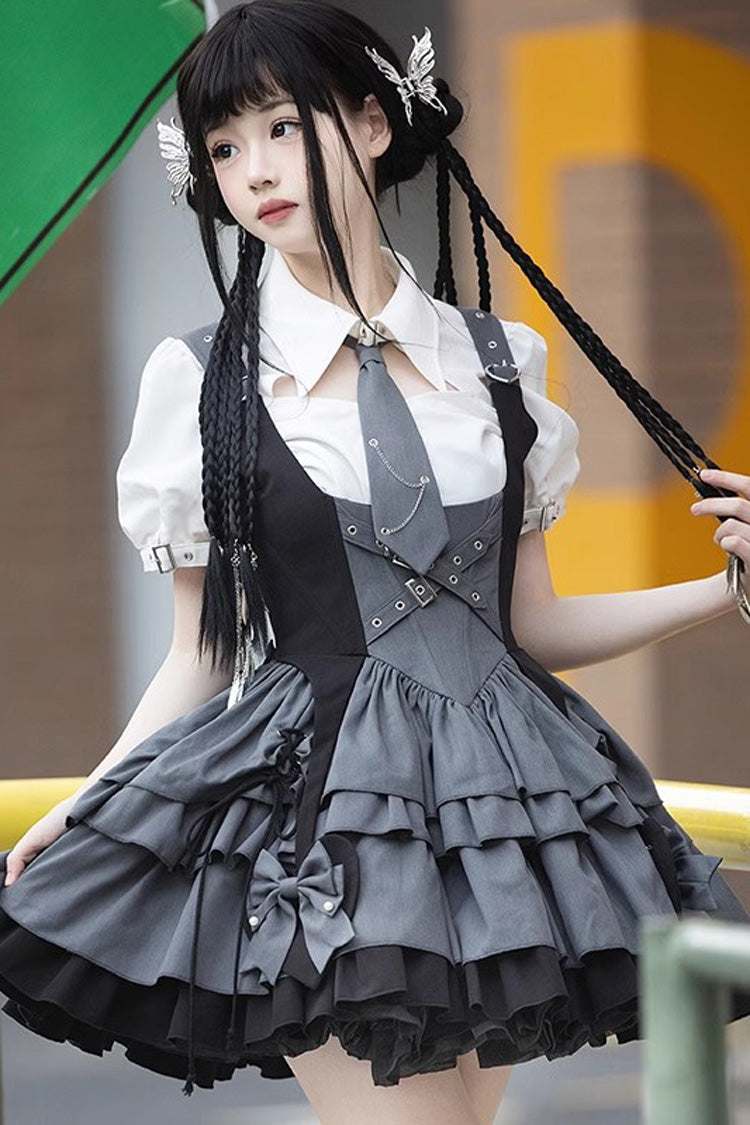 Black/Grey Machinist Sleeveless Multi-Layered Ruffle Bowknot Classic College Style Lolita Dress