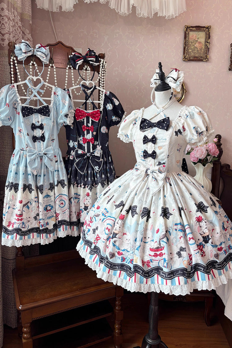 Blue Mystery Rabbit Tea Party Square Collar Short Sleeves Print Ruffle Bowknot Lace Sweet Lolita Dress