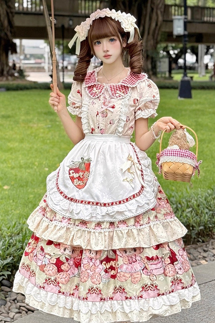 Ivory Bear Strawberry Ode Print Short Sleeves Double-Layered Ruffle Bowknot Sweet Princess Lolita Jsk Dress