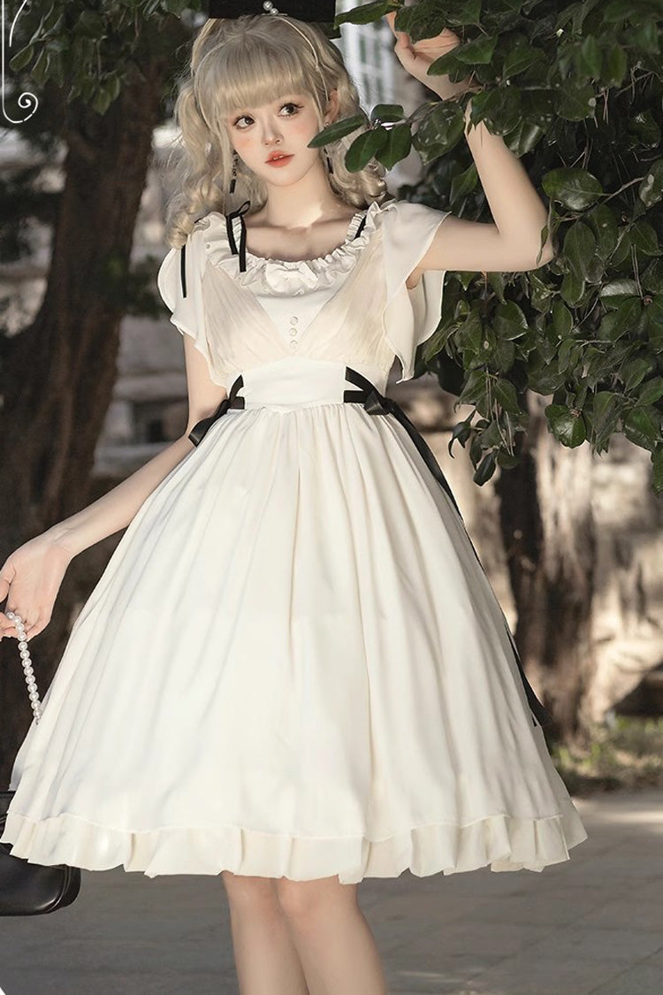 White Moonlight March Chiffon Short Sleeves Ruffle Sweet Lolita Dress