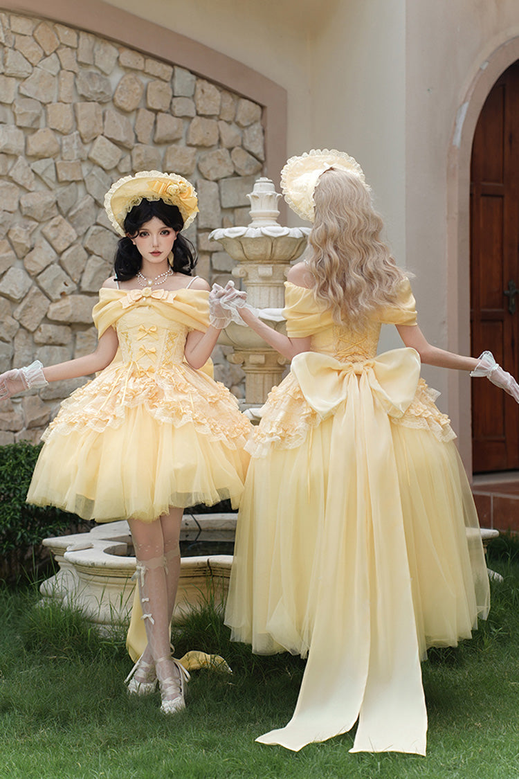 Yellow Sissi's Pilgrimage Off Shoulder Ruffle Bowknot Lace Sweet Lolita Skirt (Short Version)