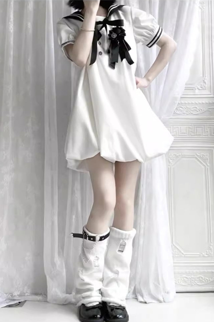 Black/White Old Stories Navy Collar Short Sleeves Bowknot Sweet Lolita Dress