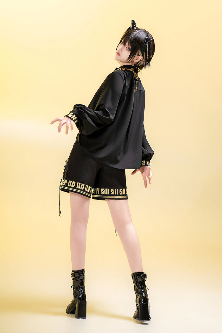 Black Black Cat Long Sleeves Print Embroidery Ouji Gothic Prince Handsome Lolita Blouse