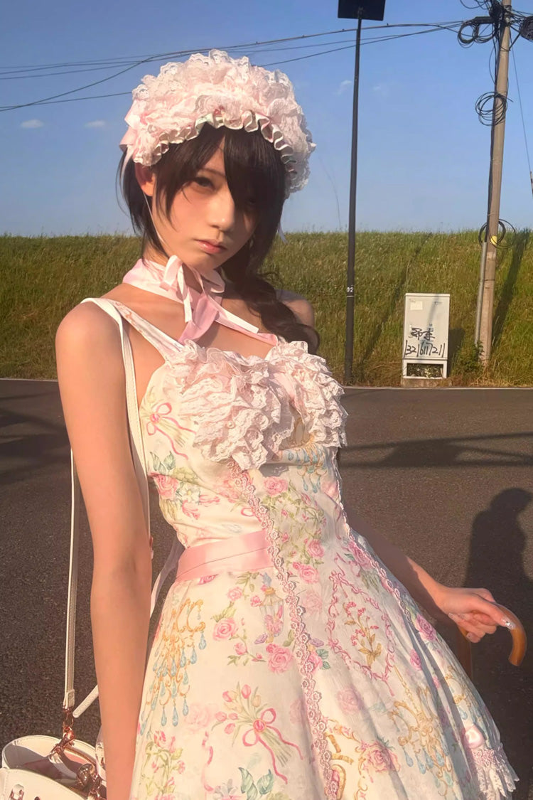 White/Pink Sleeveless Flower Wall Print Ruffle Bowknot Lace Sweet Lolita Jsk Dress