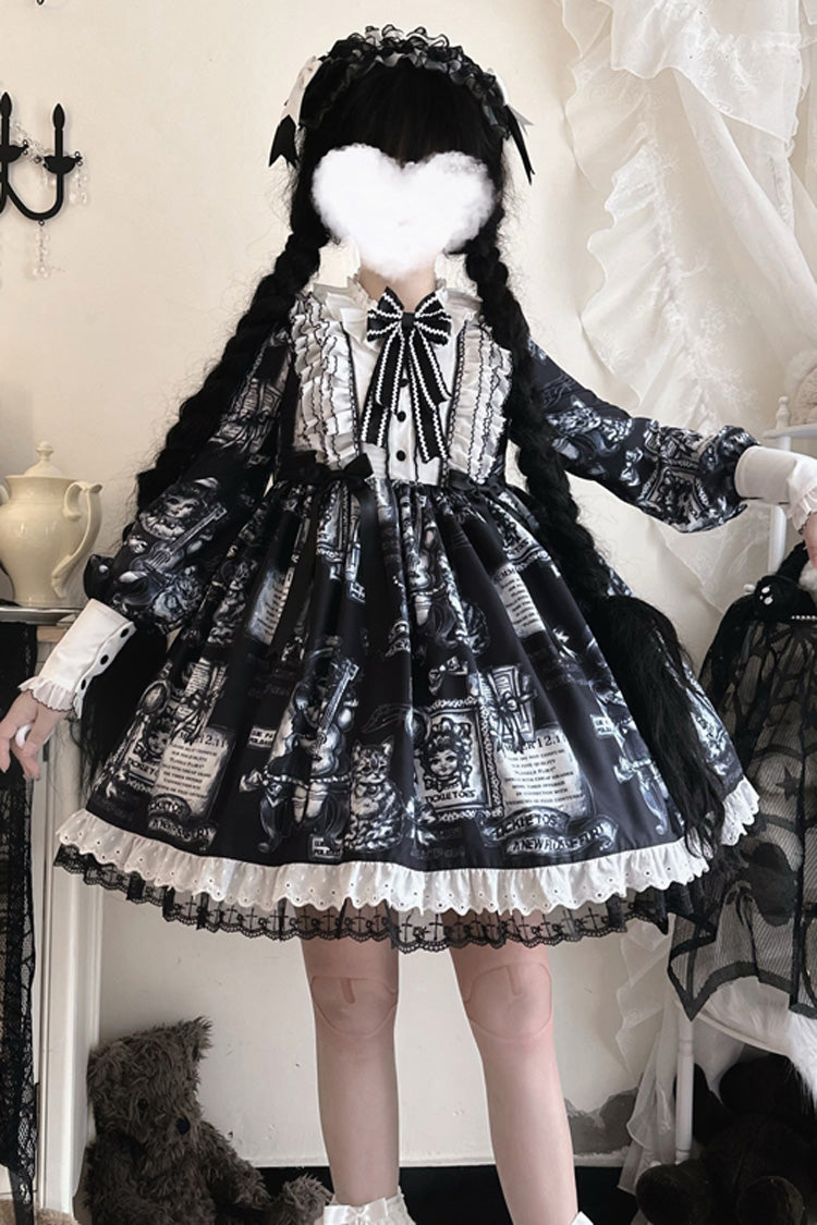Black Antique Cat Print Long Sleeves Ruffle Bowknot Gothic Princess Lolita Dress