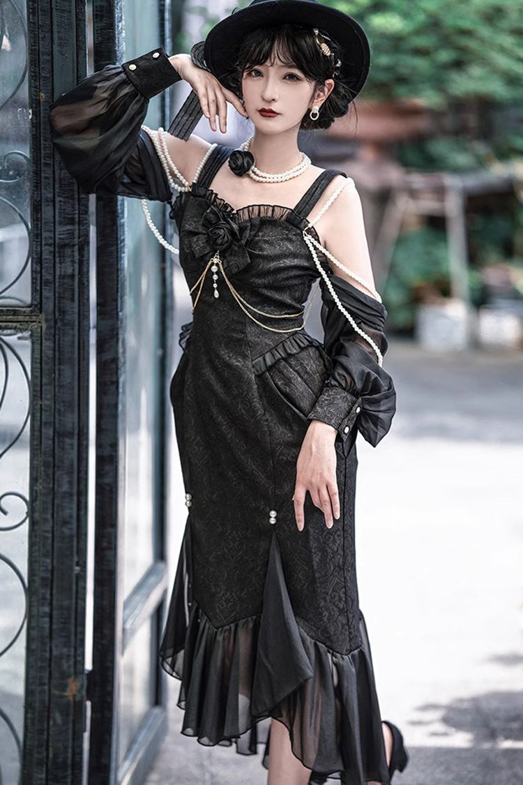 Black Camellia 1.0 Sleeveless Jacquard Ruffle Lace Gothic Chinese Style Lolita Jsk Fishtail Dress