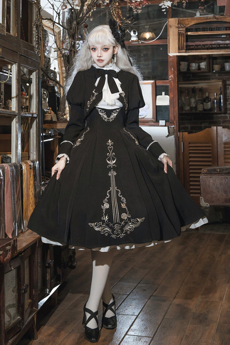 Black/White Violin Variations Ruffled Embroidered Gothic Lolita Jumper Dress Set