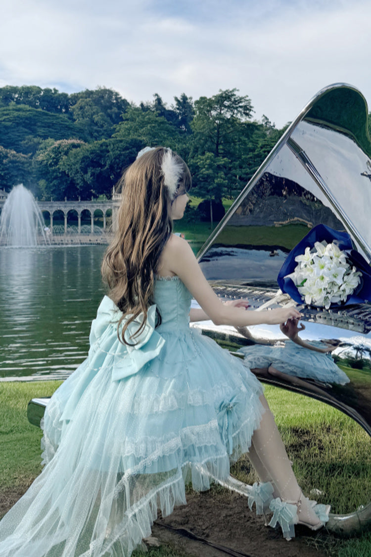 Blue Galaxy Flower Language Multi-Layered Ruffle Bowknot Sweet Lolita Tube Top Dress