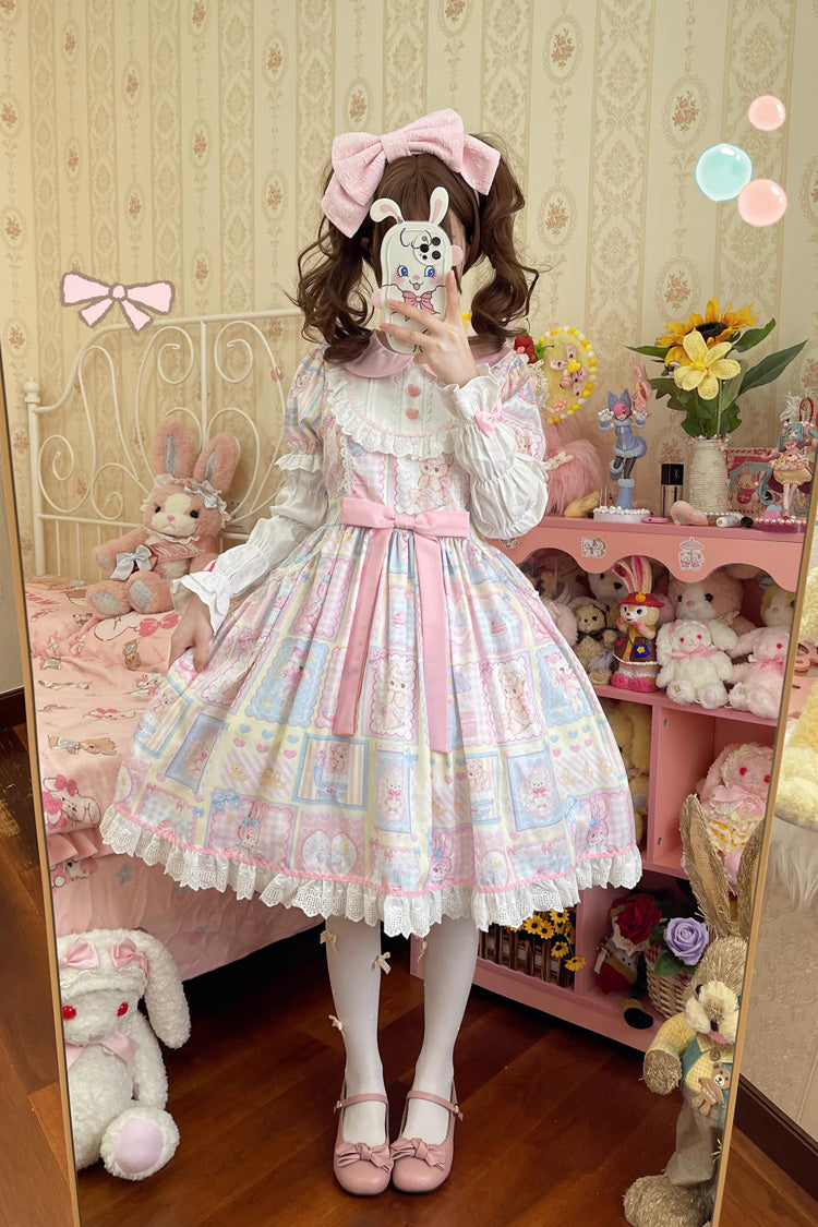 Sweetheart Bunny Bear Lapel Collar Long Sleeves Print Ruffle Bowknot Sweet Lolita Dress 3 Colors