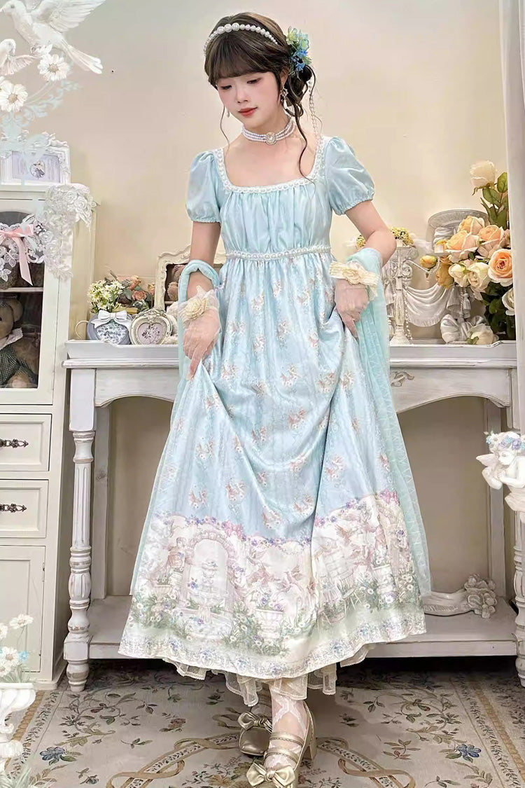 Green Spring of Nai Square Collar Short Sleeves Print Pearl Sweet Elegant Lolita Dress