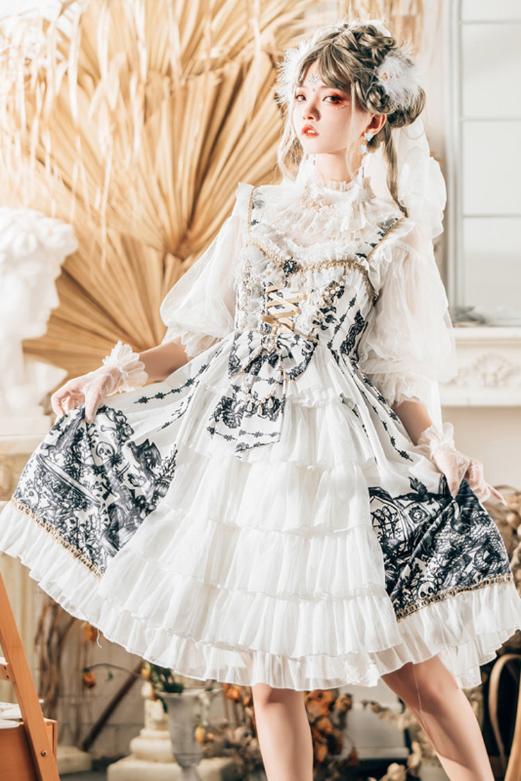 White Dragon Rider Print Ruffle Cardigan Bowknot Lace Gothic Lolita Jsk Dress
