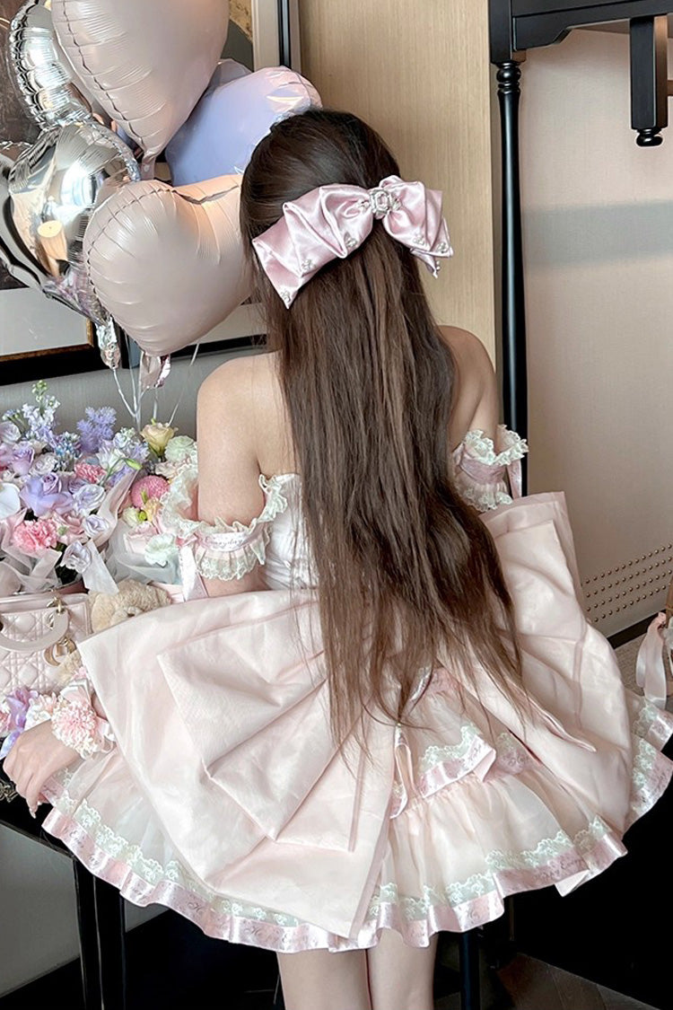 Pink Princess Ribbon Off Shoulder Triple-Layered Ruffle Bowknot Sweet Lolita Dress