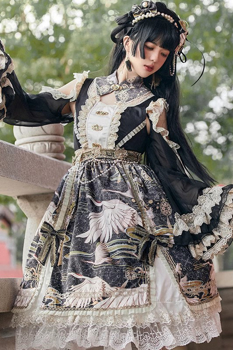 Chinese Style Long Sleeves Print Ruffle Lace Sweet Lolita Dress 3 Colors