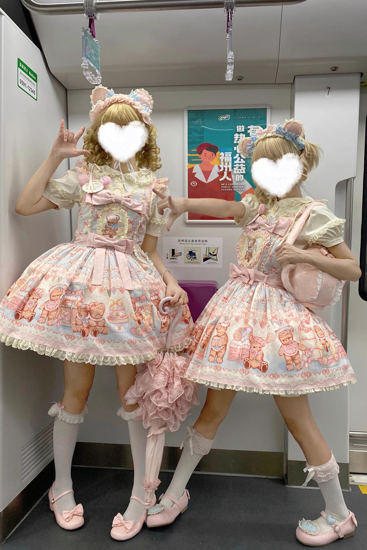 Bear Anniversary Celebration Sleeveless Printed Ruffled Bow Sweet Lolita Strap Dress 2 Colors