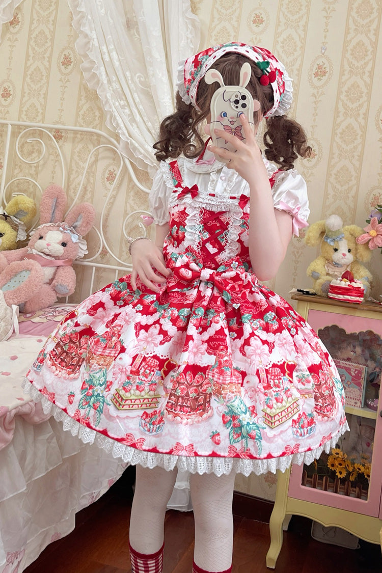 Red Strawberry Cocoa Jam Sleeveless Print Ruffle Bowknot Lace Sweet Lolita Jsk Dress