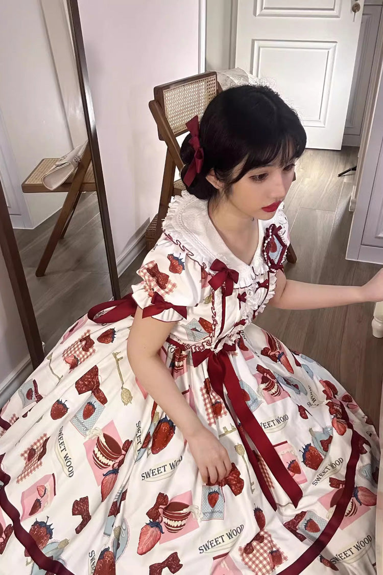 Multi-Color Strawberry Bowknot Print Short Sleeves Long Version Sweet Lolita Dress