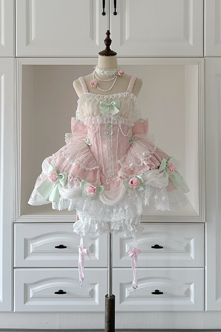 Pink Honey Rose Sleeveless Ruffle Embroidery Bowknot Lace Pearl Sweet Lolita Jsk Dress