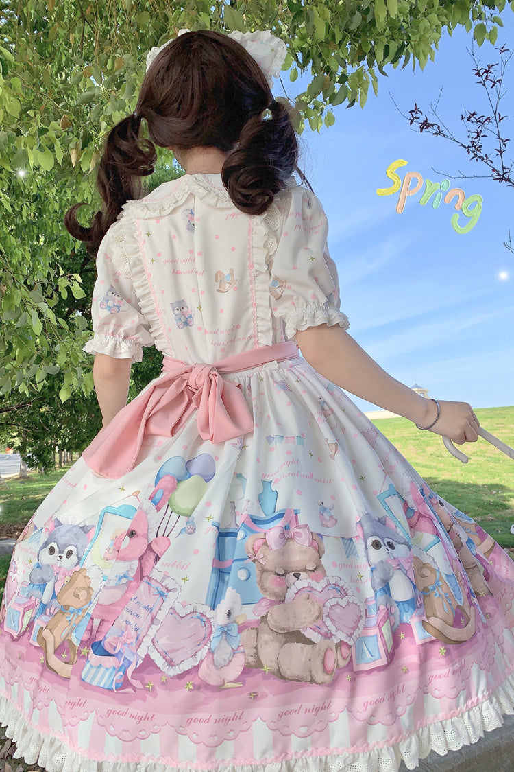 White/Pink Duck Bear Toys Print Short Sleeves Ruffle Bowknot Sweet Lolita Dress