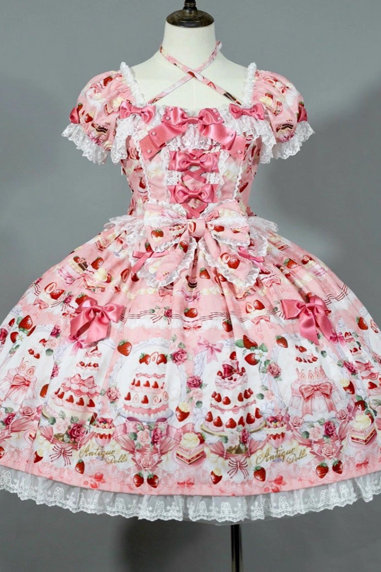 Strawberry Cake Bouquet Print Square Collar Short Sleeves Bowknot Lace Sweet Lolita Dress 3 Colors