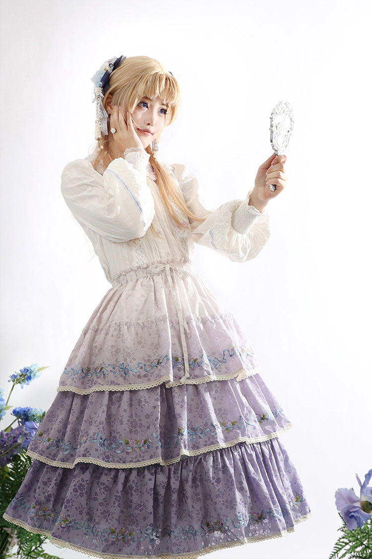 Purple Moonlight Iris Triple-Layered Print Ruffle Embroidery Lace Sweet Lolita Skirt