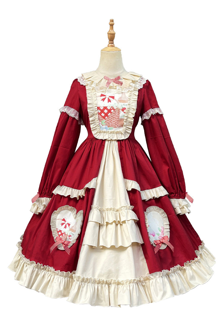 Red Cider House Long Sleeves Print Ruffle Cardigan Bowknot Sweet Lolita Dress