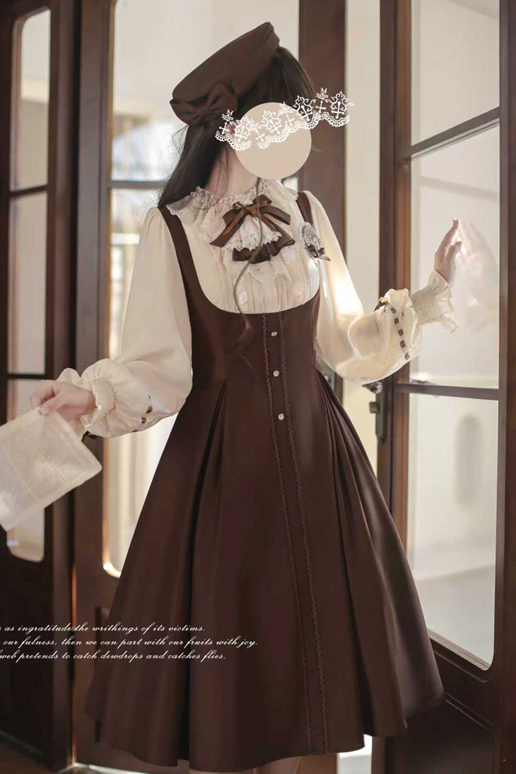 Brown/White Sunset Academy Long Sleeves Ruffle Bowknot Fake Two Pieces Vintage College Style Elegant Lolita Dress