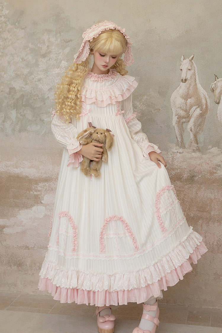 Pink Twin Lilian Round Collar Long Sleeves Double-Layered Ruffled Bow Lace-Up Sweet Lolita Dress