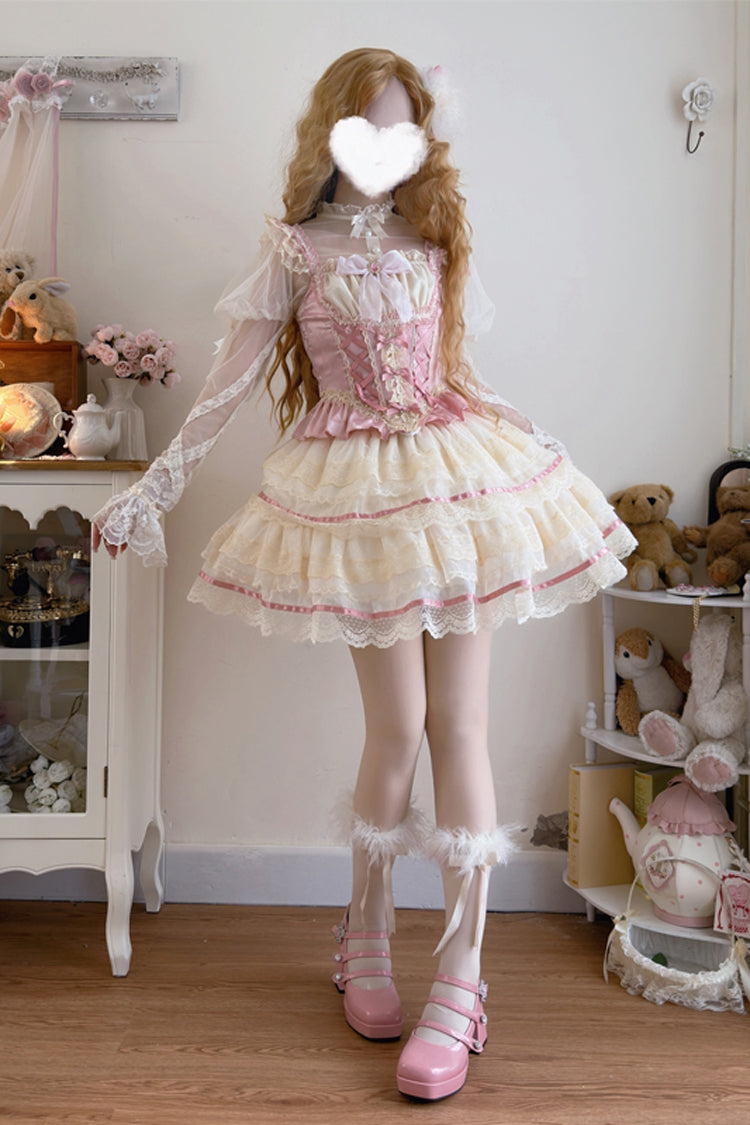 Pink Girl Love Double-Layered Bowknot Lace Sweet Ballet Lolita Skirt Set