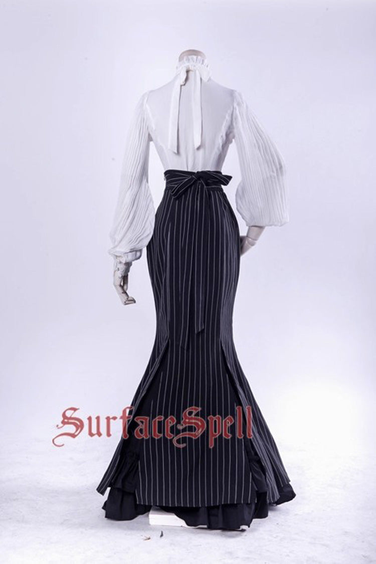 Black Lorelei Double-Layered Striped Print Ruffle Gothic Elegant Lolita Mermaid Maxi Skirt