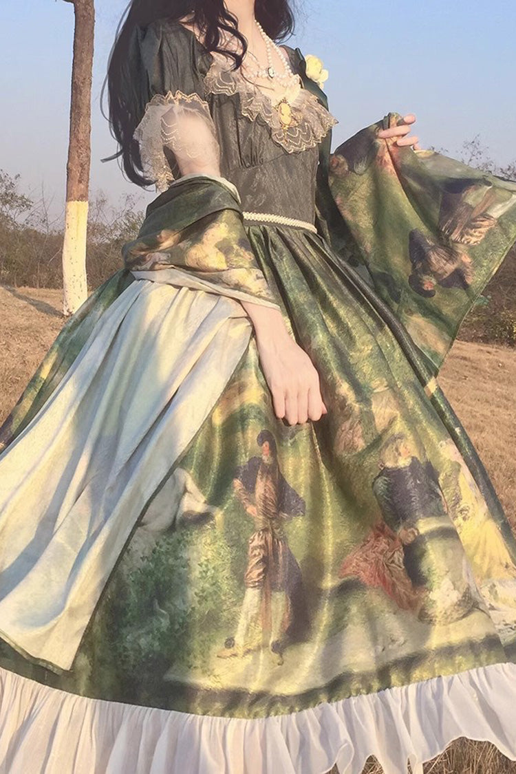 Green Short Sleeves Forest Dance Print Ruffle Sweet Elegant Lolita Dress