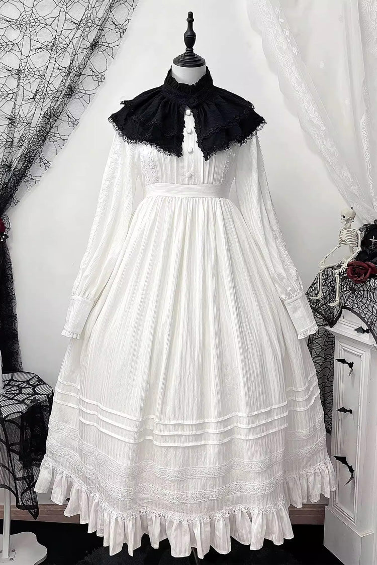 White Quiet Place Long Sleeves Jacquard Ruffle Embroidery Bowknot Gothic Lolita Dress