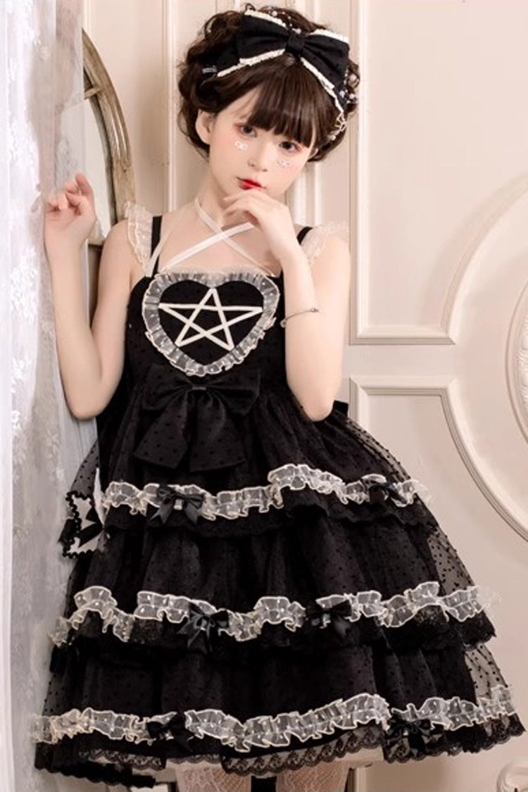 Black Du Meisha's Star Wish Sleeveless Triple-Layered Jacquard Ruffle Bowknot Sweet Gothic Lolita Jsk Dress