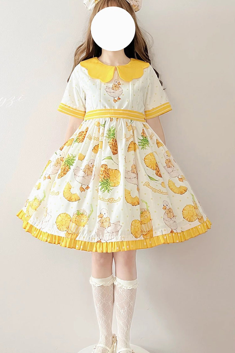 White/Yellow Short Sleeves Duck Print Bowknot Sweet Lolita OP Dress