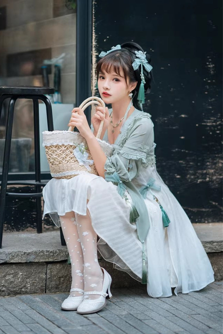 White/Green Half Sleeves Ruffled Bow Sweet Chinese Style Lolita Hanfu Dress
