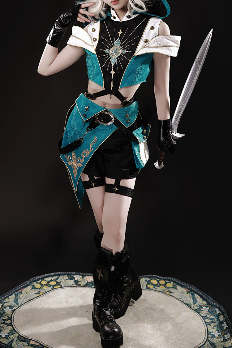 Blue/Green Traveler's Outfit Print Embroidery Hooded Ouji Fashion Sweet Handsome Lolita Set