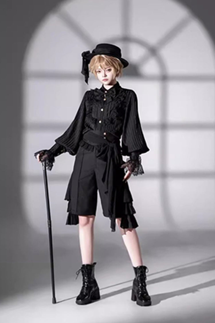 Black Eternal City Long Sleeves Lace Gothic Prince Medieval Ouji Lolita Blouse Knee-Length Shorts Set